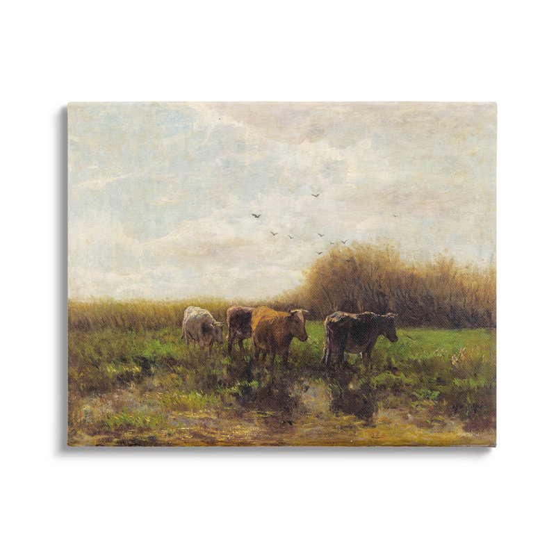 Gray Framed Rural Cattle Scenery Wood Grain Wall Art