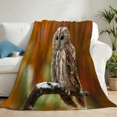 Orange Ultra Soft Flannel Fleece Throw Blanket,Owl Forest Sitting on Single-Sided Print