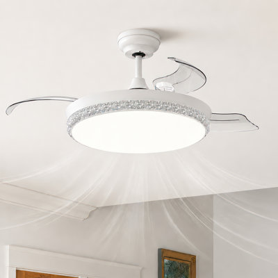 44" Bedroom Ceiling Fan with Light, Retractable Blade High Airflow Low Noise 6-Speed Reversible DC Motor, 3 CCT & Dimmable LED ﻿