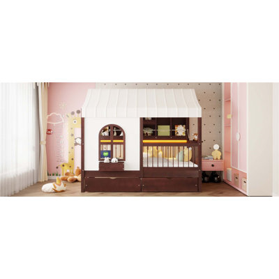 Lit simple avec 2 grands tiroirs, bibliothèque latérale avec bande à DEL pour l'imagination et le rangement des enfants (sans matelas)