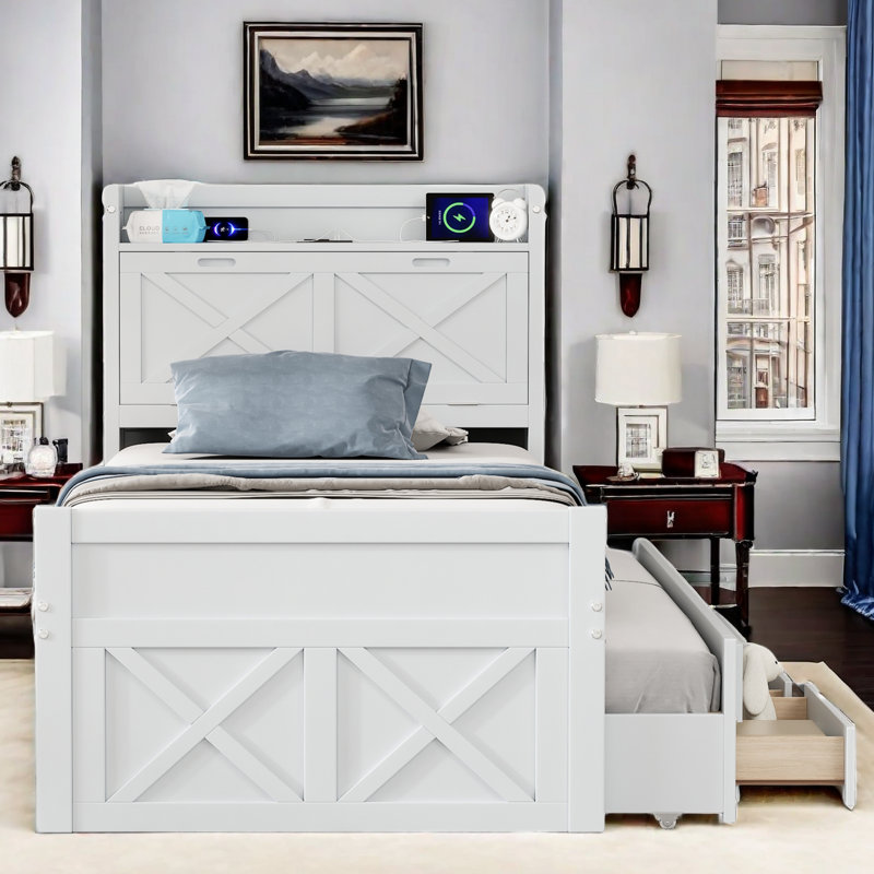 Roly Wooden Bed with Storage Headboard, Trundle, Three Storage and Outlets, Twin, White