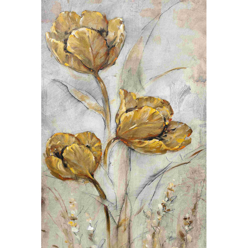 Coquelicots dorés sur taupe II, H 18 po x l 12 po