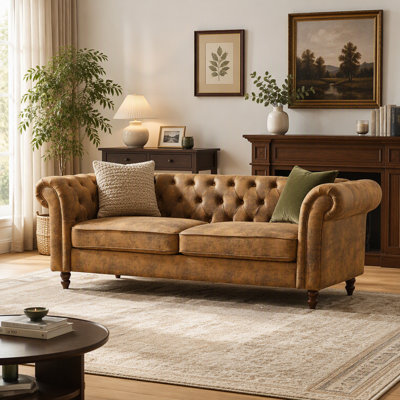 80"Chesterfield ‌Tech Fabric Sofa,High-Tech Fabric Roll Armrest Sofa,Upholstered Mid Century Modern Couch,3 Seater Couch For Living Room, Office, Apartment.