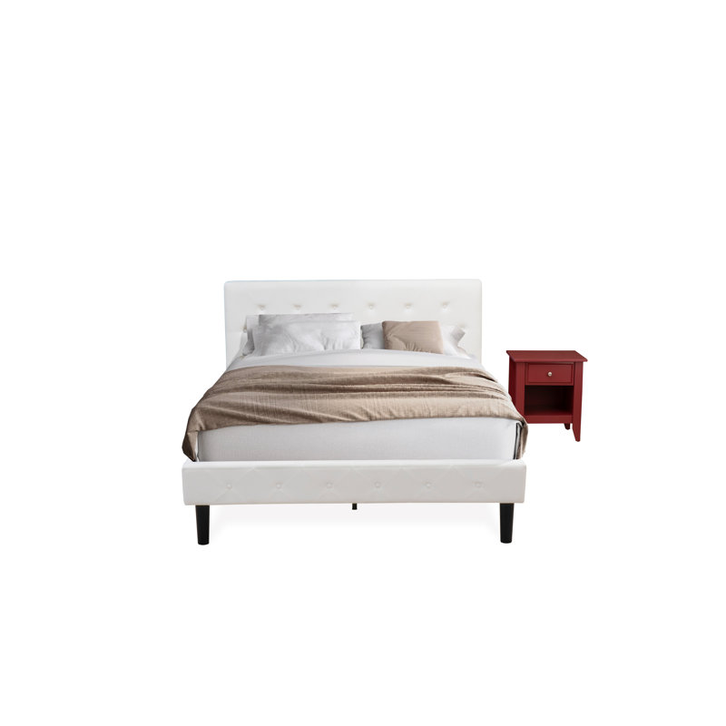 Ensemble de chambre à coucher grand lit 2 pièces - Base de lit en bois touffeté à boutons - Tête de lit tapissier en tissu de velours blanc lin et table de chevet à finition bourgogne