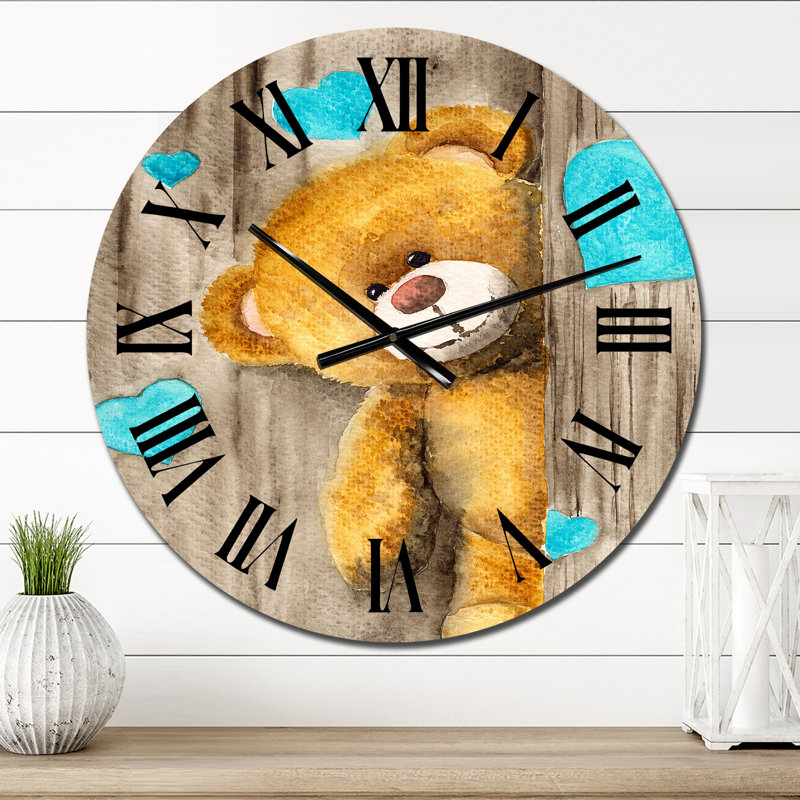 Mignon ourson brun avec cœurs bleus - Horloge murale pour enfants, Moyen