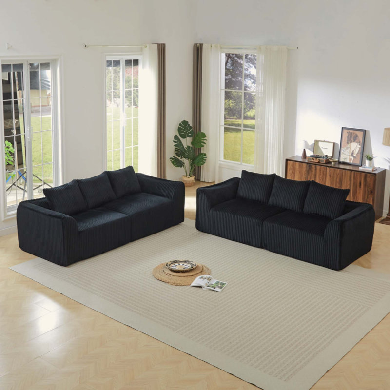 Ensemble canapé minimaliste 3+3 places en velours côtelé avec lignes courbes et dossier légèrement incliné, livré avec 6 coussins décoratifs en forme de corne