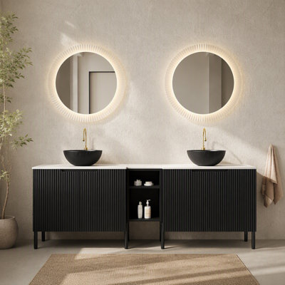 Ensemble de meuble-lavabo double autoportant 72 po avec lavabo TURIO, 2 armoires de rangement rayées 30 po + 2 tablettes ouvertes amovibles, 2 vasques noires en pierre avec comptoir blanc Carrara, noir