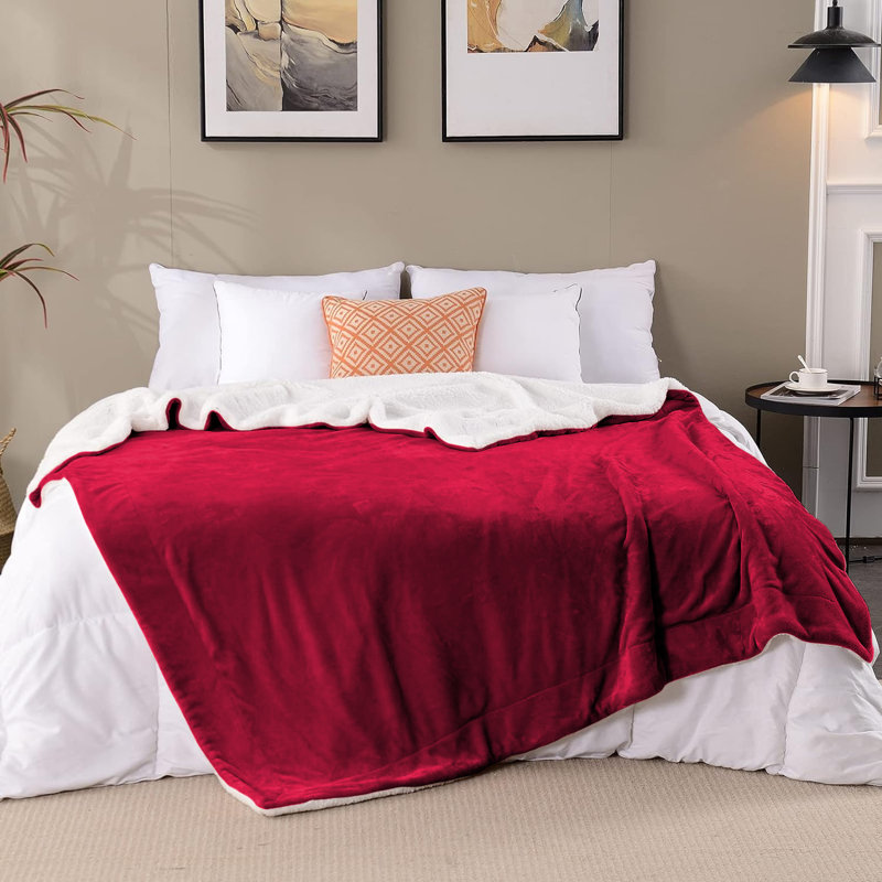 Sanborn Soft Reversible Sherpa Fleece Fur Thick Blanket Throw, Burgundy, 130cm x 150cm