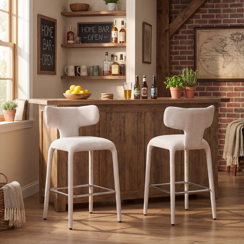 Modern Upholstered Counter Bar Stools with Back Kitchen Island Stools, Beige Fabric Bar Stools for Breakfast Nook, Industrial Chic Metal Legs