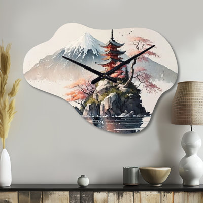Paysage japonais en aquarelle I - horloge en métal nuage japonais, horloge murale asymétrique traditionnelle