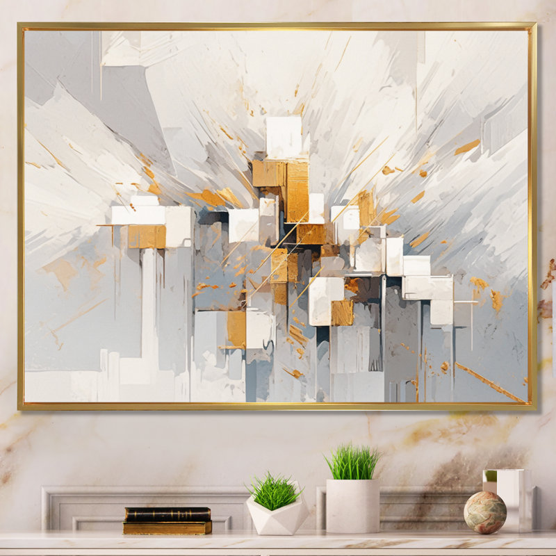 Kaleidoscope cubique beige et doré sur toile, H 16 po x l 32 po x P 1 po, Cadre flottant doré