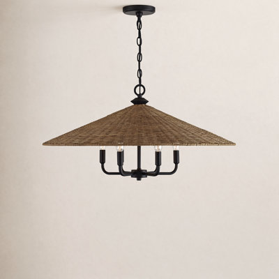 Jared 30" W 6-Light Dimmable Steel Cone Chandelier with Rattan Shade