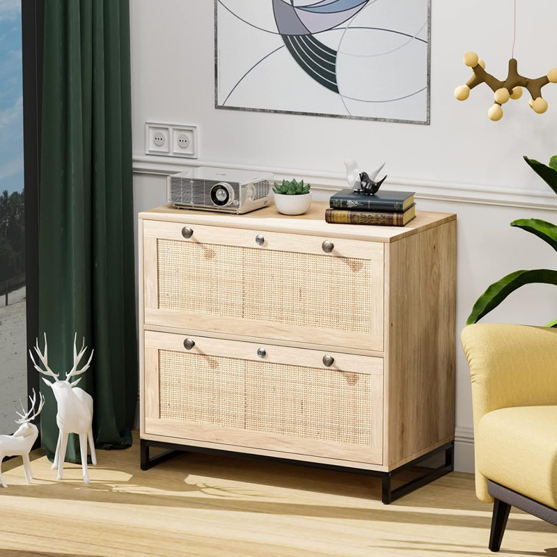 Wood Rattan 2 Drawer Lateral File Cabinet with Lock