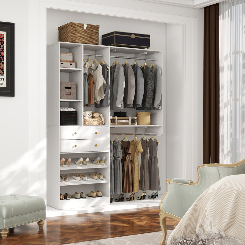 Navada Closet System with Wooden Drawers and Two Hanging Rods, White