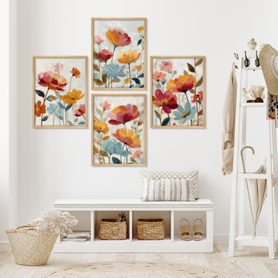 Vibrant Colorful Floral Garden Framed Wall Art Prints Set of 4 - Bright Blossom Field for Living Room Bedroom