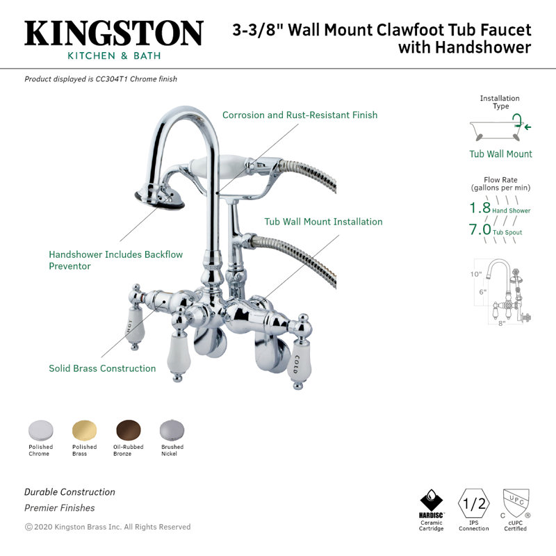 Kingston Brass Vintage Three-Handle 2-Hole Tub Wall Mount Clawfoot Tub Faucet with Hand Shower, Polished Brass
