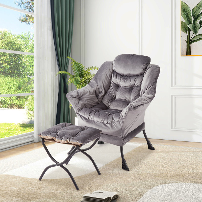 Lazy Chair with Ottoman, Comfortable Reading Chairs with Foldable Footrest for Living Bedroom with Armrests & a Side Pocket