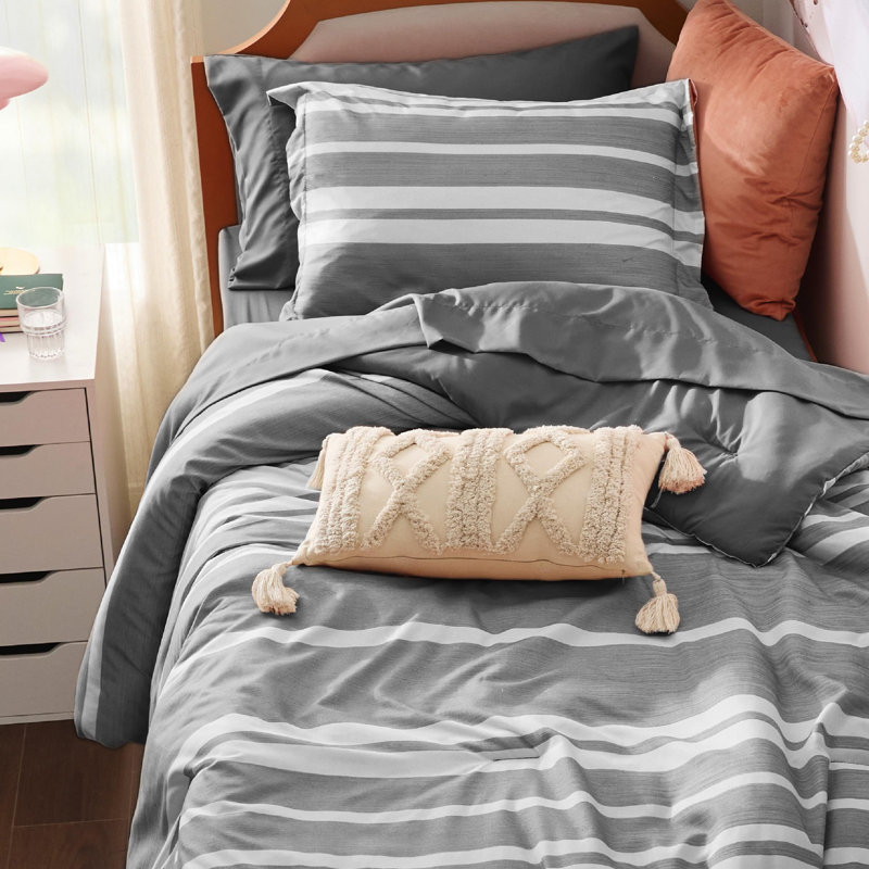 Bedsure Striped All Season Comforter Set, Gray, Twin-XL Comforter + 4 Additional Pieces