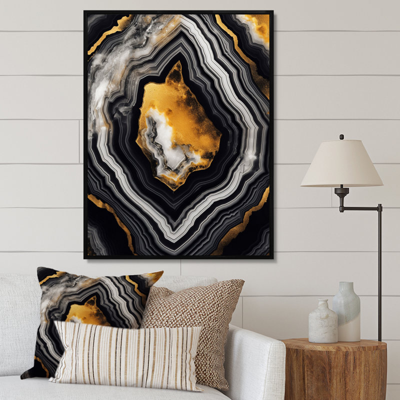 " Glam Serenity Black Gold Agate ", Black Floater Framed, 44" H x 34" W x 1.5" D