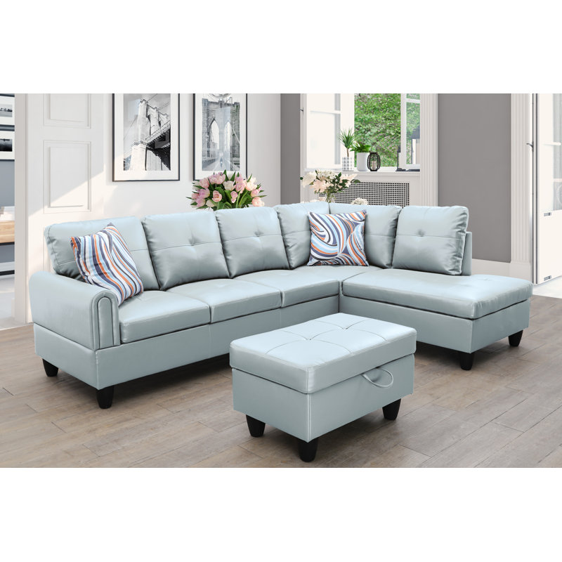 Addalyne Faux Leather L-Shaped Sectional, Silver Green Faux Leather, Right Hand Facing