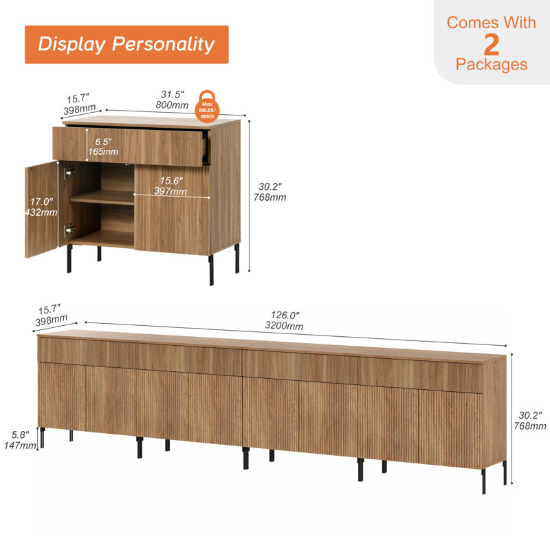 Buffet en bois rosé de 126 po Union avec portes et tiroirs, armoire de rangement moderne large 4-en-1 pour cuisine, salle à manger
