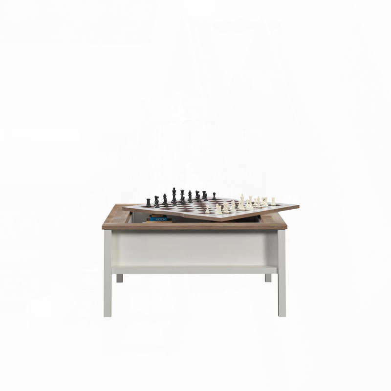 Table basse carrée avec surface de jeu d'échecs et rangement caché - Finition blanche