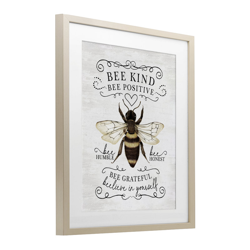 «Bee Kind & Positive Country», reproduction sous verre encadrée, design par lettré et doublé, Cadre de récolte en pin