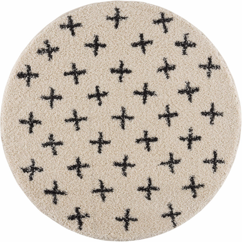 Adeewa Shaggy Performance Beige & Black Tasseled Area Rug, Round 7'10"