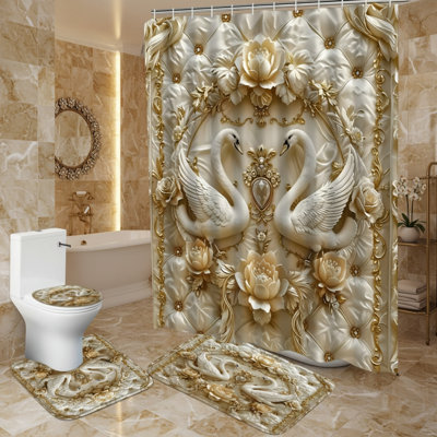 Ensemble de 4 rideaux de douche 4 pièces avec tapis antidérapants, housse de couvercle de toilette, tapis de bain et 12 crochets, décoration de salle de bain rétro