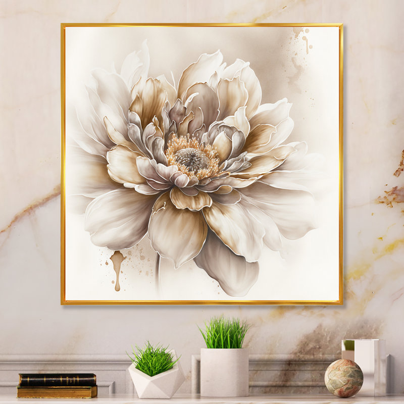 Blooming Beige Floral Design V - Art mural sur toile florale, H 36 po x l 36 po x P 1,5 po, Cadre flottant doré