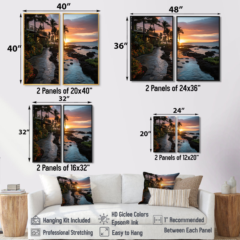 Maui Tropical Dreamscape I - art mural sur toile gris 2 panneaux, H 36 po x l 48 po, Reproduction encadrée sans passe-partout