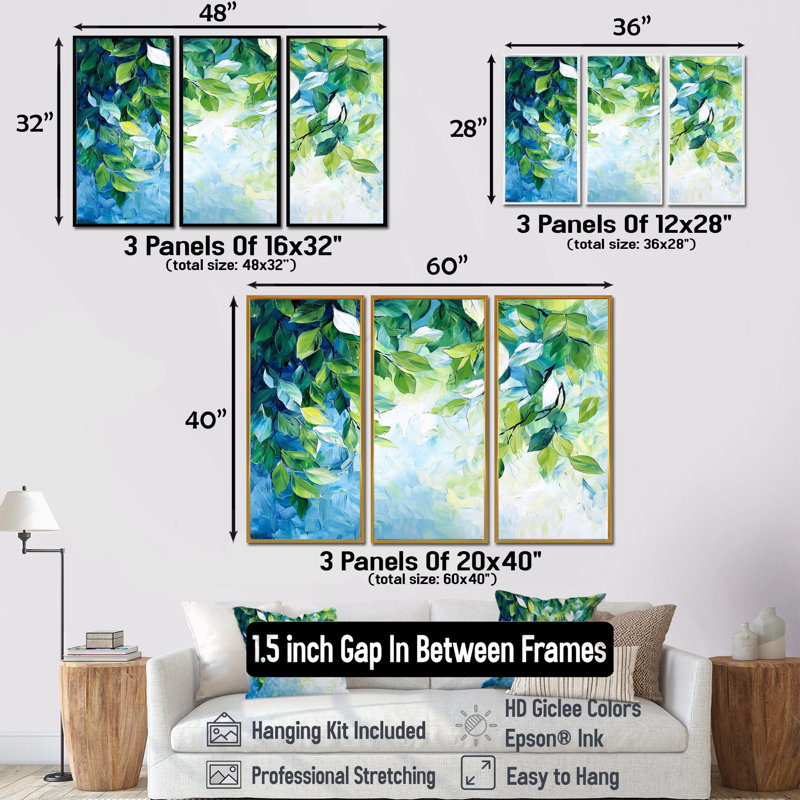 «Summer Green Branches In The Wind III - Leaves», ensemble d'art mural, Black, Reproduction avec cadre flottant