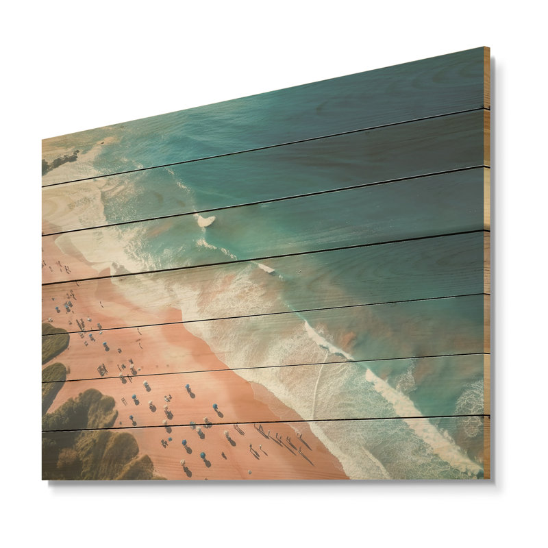 Vue aérienne de la plage bleue et rose VI - Plage et océan sur bois, H 34 po x l 44 po