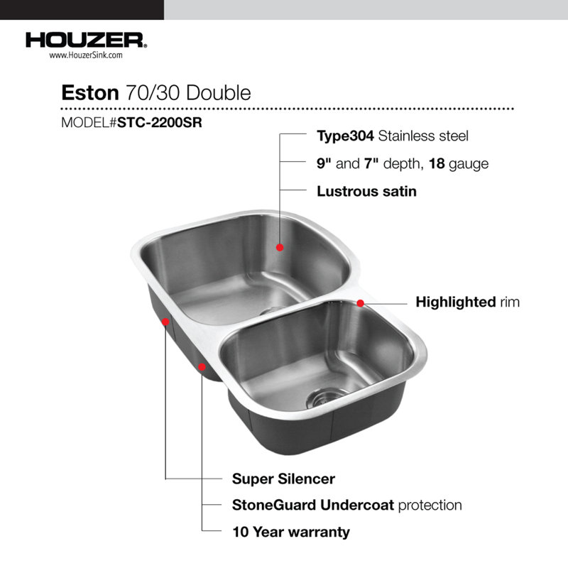 Évier de cuisine encastré à double cuve l 32,19 po x l 70/30 20,5 po Eston