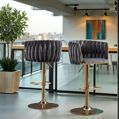 Set of 2 Velvet Upholstery Bar Stools – Chrome Footrest, Swivel, Height Adjustable Design for Kitchen or Bar