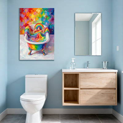 «Bath & Laundry Rainbow Bath», impression sur toile, couleurs vives, scène joyeuse