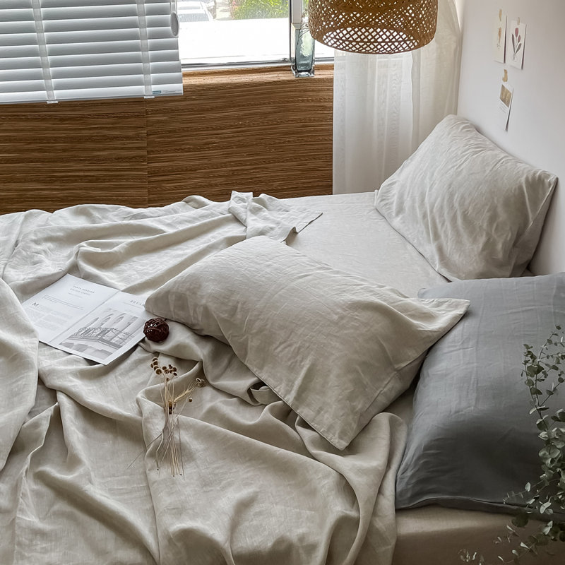 Ensemble de draps 100% lin, Beige, Ensemble de draps pour grand lit + un drap-housse 