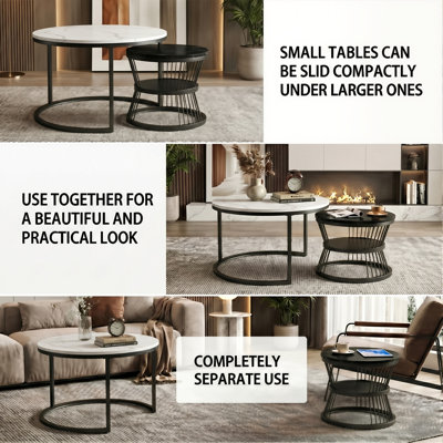 Round Nesting Coffee Tables Set (70+45cm), High-Gloss Faux Marble Top With Wire Metal Frame