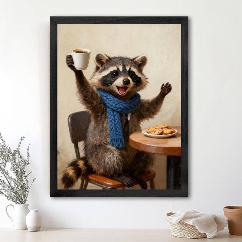 Art mural rétro noir et raton laveur avec café, impression de style mignon et réaliste, H 11 po x l 9 po