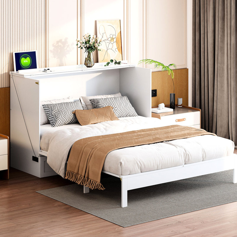 Lit en taille double, blanc - peu encombrant et pratique. Grands tiroirs pour le rangement. Convient aux coussins, vêtements, Style de finition. Chargement activé. Facile à assembler. Dimensions: L 75,1 po x l 56,7 po x H 41,3 po