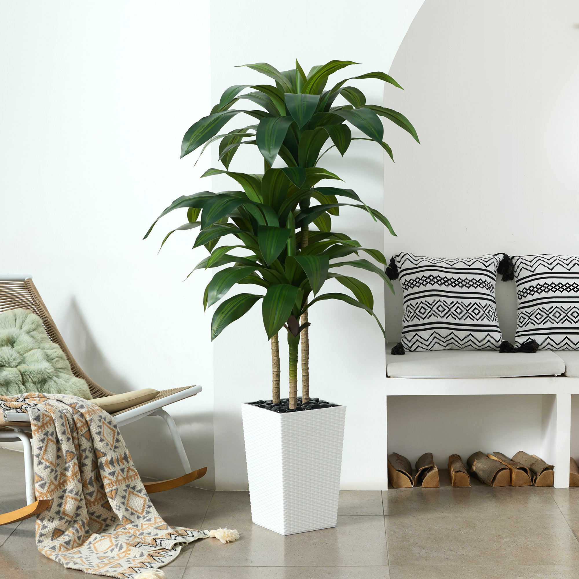 Adcock UV Resistant Artificial Green Dracaena Tree, Faux Tree with Large Base for Indoor Outdoor, White