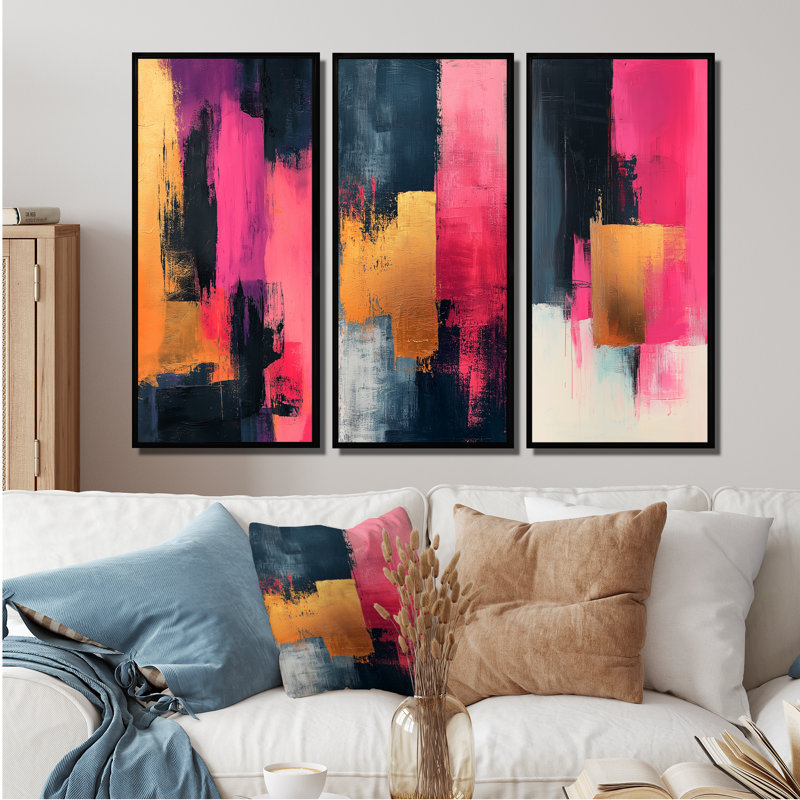 «Meet In Dream I» - Collection de 3 panneaux sur toile de minimalisme, H 32 po x l 48 po, Impression encadrée flottante, Noir