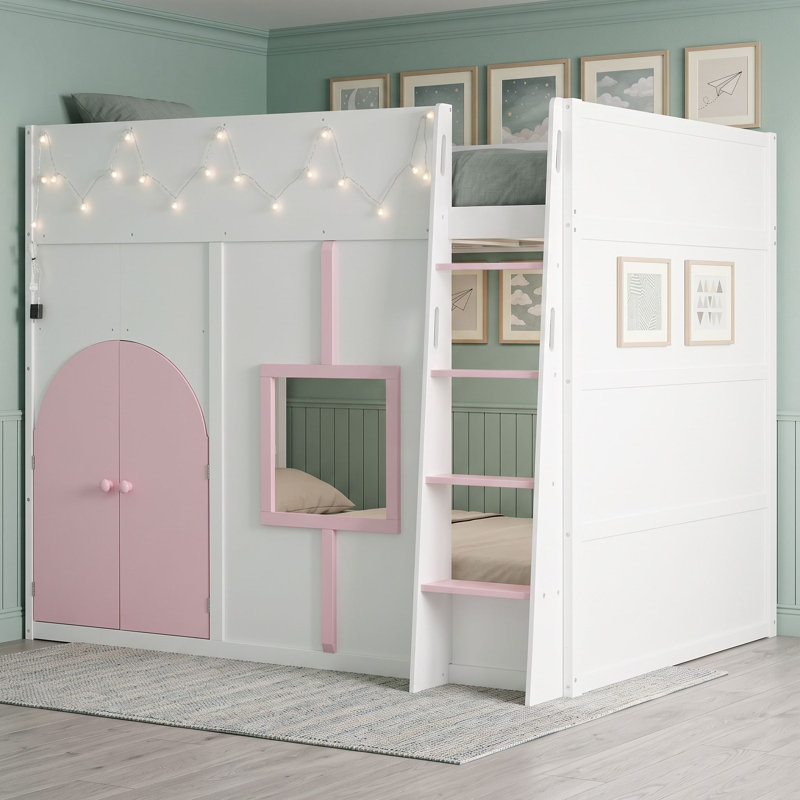 Lit mezzanine double avec coin de jeu privé, éclairage intégré et détails charmants inspirés d'une maison., White