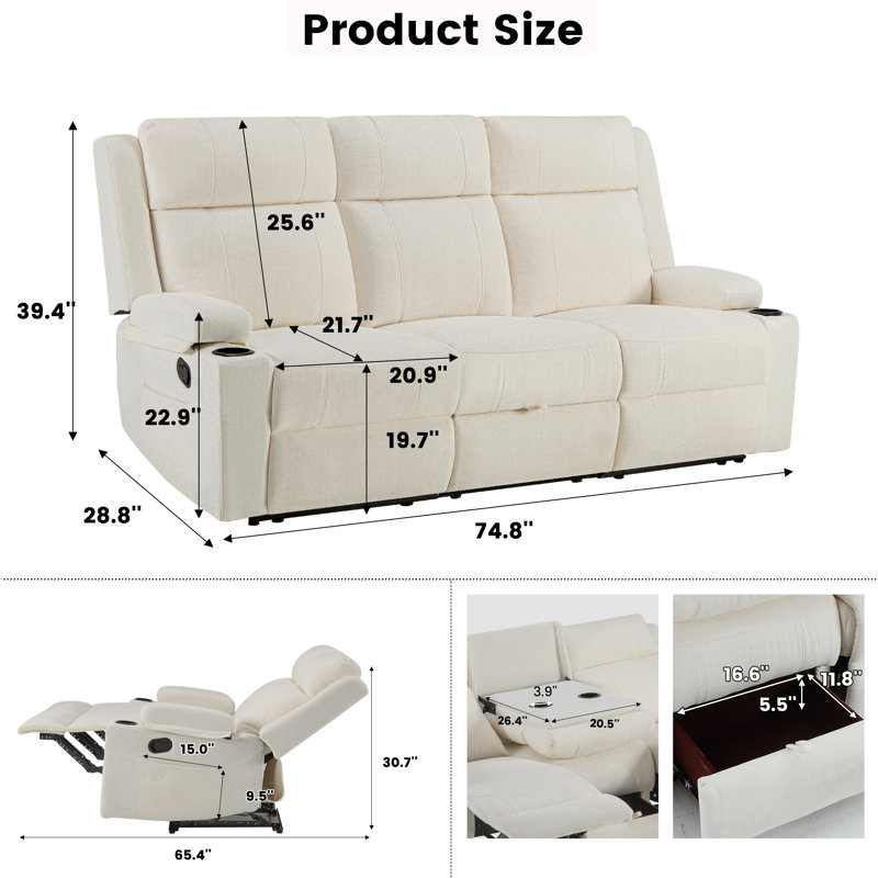 3-seater Reclining Sofa With Cup Holders & Storage Drawer – Soft Chenille Fabric, Beige