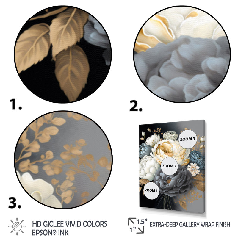 Bouquet de pivoines blanches, bleues et grises I - Impression sur toile, H 44 po x l 34 po x P 1,5 po, Toile tendue
