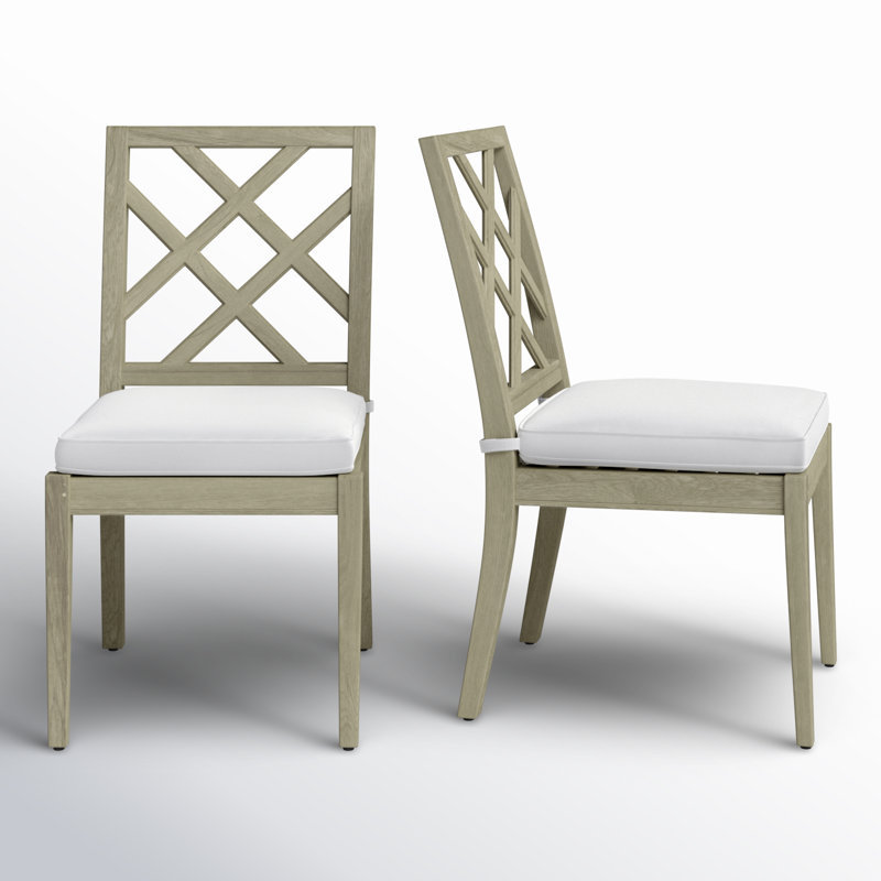 Haley Patio Dining Side Chair with Cushions, Oyster Teak, Rollo Lace, Welt