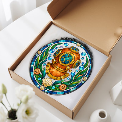 Copper Diving Helmet Stained Glass Circle with Seaweed and Canvas Wall Art