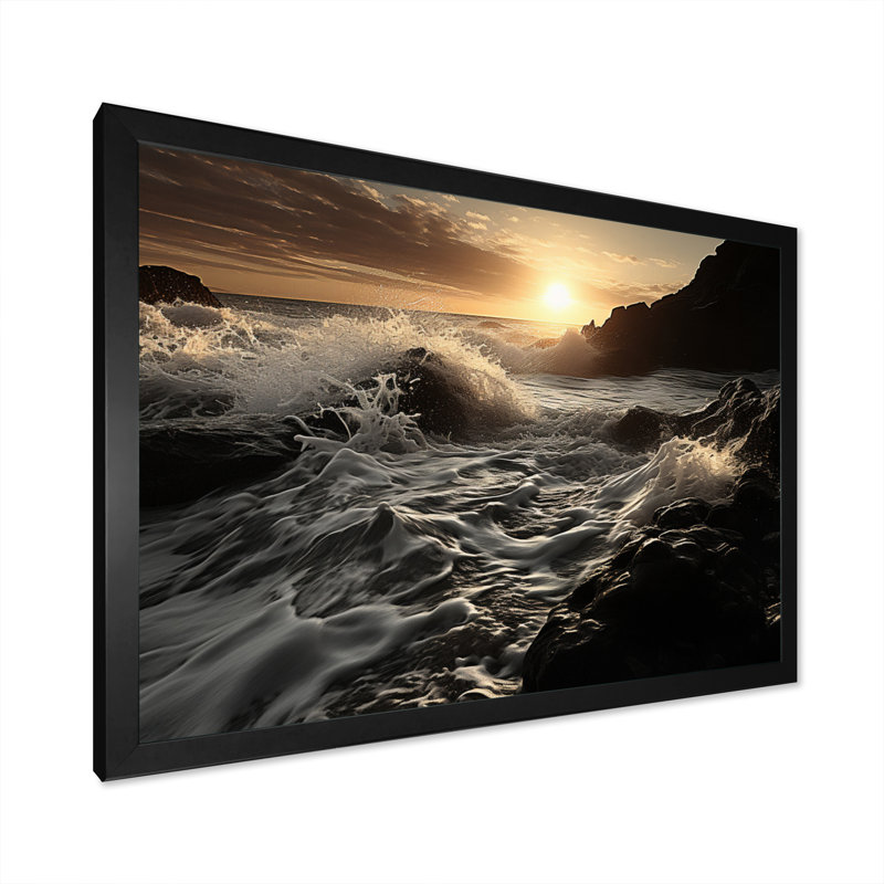 Photo de plage avec vagues ensoleillées - impression, H 16 po x l 32 po x P 1 po, Cadre simple noir
