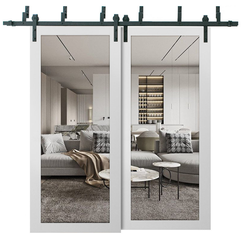 Portes de grange en verre transparent Lucia avec ensemble de quincaillerie d'installation, 84 po x 80 po