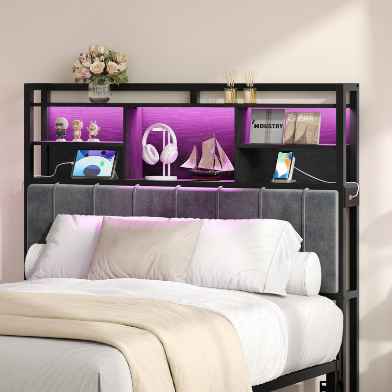 Headboard with 3-Tier Storage Shelves, Velvet Upholstered Head Board with 2 Outlets, USB Ports & LED Light, Soft Backrest